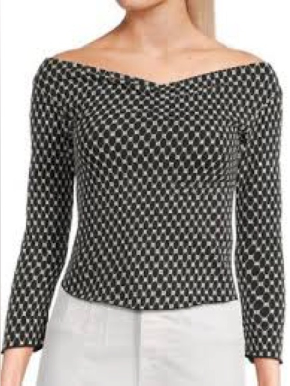 Free People | Black & White Geo Off-Shoulder Long Sleeve Top